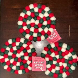 NEW (3) Trader Joe's Round Handcrafted Felt Wool Trivet Holiday Christmas